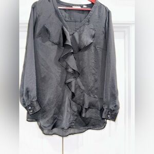 New York & Company Black Ruffle Blouse Long Sleeve V-Neck Size Large